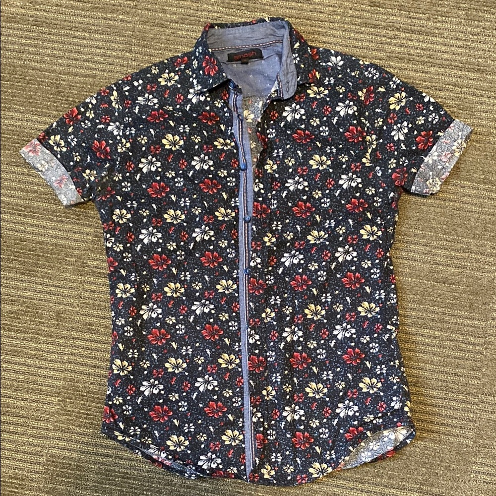 Red and Yellow Casual Button Down Shirt with Floral Design